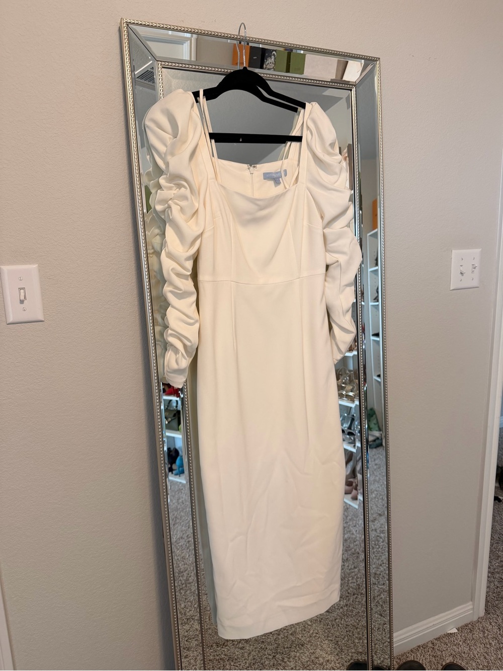 ANTONIO MELANI Cream Ruched-Sleeve Midi Dress